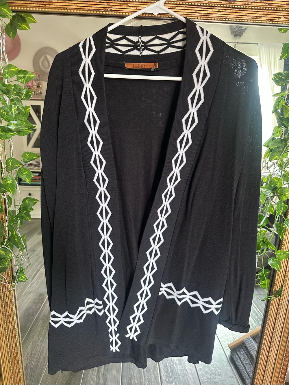 Belldini Black Cardigan with White Geometric Trim